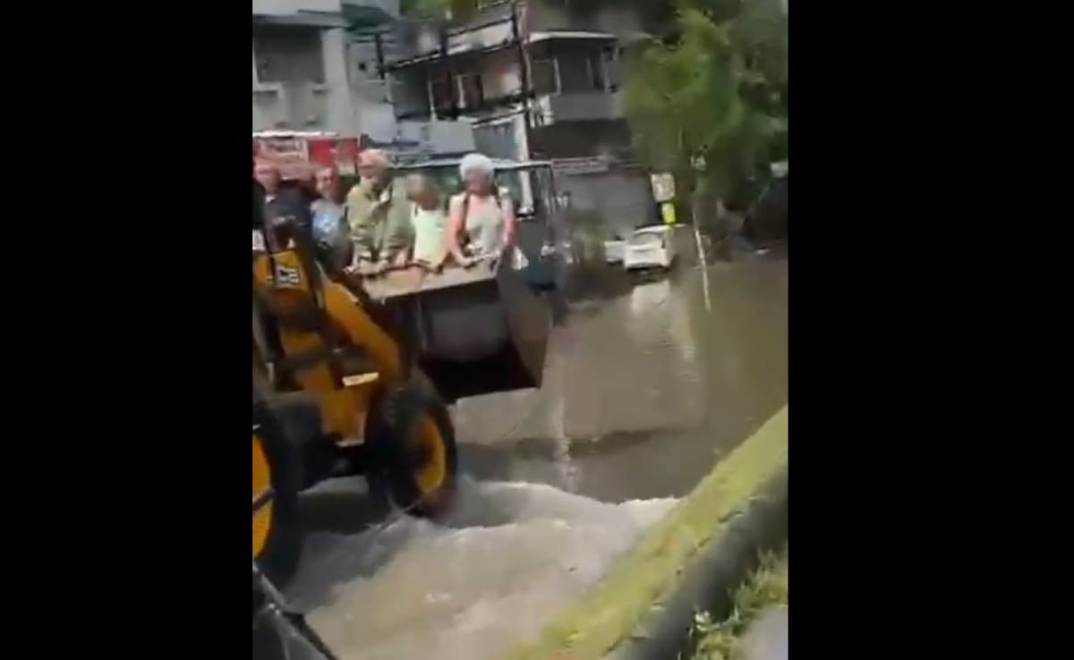 गुजरात के वडोदरा में बाढ़ग्रस्त सड़क पर विदेशियों को बुलडोजर से घुमाया गया