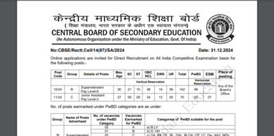 212 कनिष्ठ सहायक, अधीक्षक पदों के लिए सीबीएसई सीधी भर्ती 2025 नोटिस जारी: विस्तृत रिक्ति और अधिक देखें